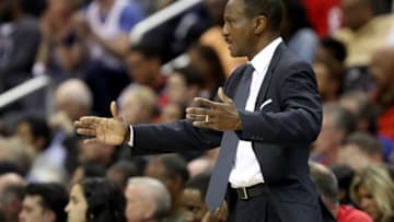 WASHINGTON, DC - APRIL 22: Head coach Dwane Casey of the Toronto Raptors reacts to a play against the Washington Wizards during Game Four of Round One of the 2018 NBA Playoffs at Capital One Arena on April 22, 2018 in Washington, DC. NOTE TO USER: User expressly acknowledges and agrees that, by downloading and or using this photograph, User is consenting to the terms and conditions of the Getty Images License Agreement. (Photo by Rob Carr/Getty Images)