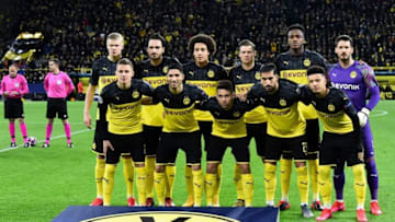 (Back row, From L), Dortmund's Norwegian forward Erling Braut Haaland, Dortmund's German defender Mats Hummels, Dortmund's Belgian midfielder Axel Witsel, Dortmund's Polish defender Lukasz Piszczek, Dortmund's French defender Dan-Axel Zagadou and Dortmund's Swiss goalkeeper Roman Buerki(Front row, From L) Dortmund's Belgian forward Thorgan Hazard, Dortmund's Moroccan defender Achraf Hakimi, Dortmund's Portuguese defender Raphael Guerreiro, Dortmund's German midfielder Emre Can and Dortmund's English midfielder Jadon Sancho pose for the team photo prior to the UEFA Champions League Last 16, first-leg football match BVB Borussia Dortmund v Paris Saint-Germain (PSG) in Dortmund, western Germany, on February 18, 2020. (Photo by Tobias SCHWARZ / AFP) (Photo by TOBIAS SCHWARZ/AFP via Getty Images)