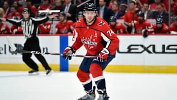 WASHINGTON, DC - NOVEMBER 15: Capitals defenseman John Carlson (74) readies for the puck during the Montreal Canadiens vs. Washington Capitals game November 15, 2019 at Capital One Arena in Washington, D.C.. (Photo by Randy Litzinger/Icon Sportswire via Getty Images)