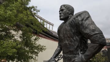 AUSTIN, TX - SEPTEMBER 22: A view of the Earl Campbell statue at the south end of the stadium prior to the game between the Texas Longhorns and the TCU Horned Frogs at Darrell K Royal-Texas Memorial Stadium on September 22, 2018 in Austin, Texas. (Photo by Tim Warner/Getty Images)