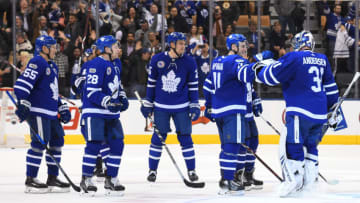 TORONTO, ON - NOVEMBER 10: Toronto Maple Leafs goalie Frederik Andersen (31) celebrates the win with Toronto Maple Leafs center Zach Hyman (11) in the overtime period during a game between the Boston Bruins and the Toronto Maple Leafs on November 10, 2017 at Air Canada Centre in Toronto, Ontario Canada. (Photo by Nick Turchiaro/Icon Sportswire via Getty Images)