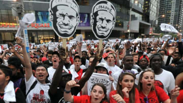 May 21, 2016; Toronto, Ontario, CAN; Toronto Raptors fans in Jurassic Park outside the arena prior to the Raptors playing Cleveland Cavaliers in game three of the Eastern conference finals of the NBA Playoffs at Air Canada Centre. Mandatory Credit: Dan Hamilton-USA TODAY Sports