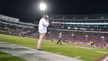 Nov 28, 2015; Starkville, MS, USA; Mississippi State Bulldogs head coach Dan Mullen on the sidelines during the game against the Mississippi Rebels at Davis Wade Stadium. Mississippi won 38-27. Mandatory Credit: Matt Bush-USA TODAY Sports