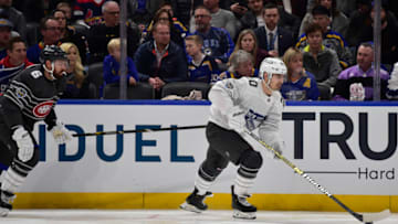 Jan 25, 2020; St. Louis, Missouri, USA; Metropolitan Division forward Chris Kreider (20) of the New York Rangers gets away from Atlantic Division defenseman Shea Weber (6) of the Montreal Canadiens in the 2020 NHL All Star Game at Enterprise Center. Mandatory Credit: Jeff Curry-USA TODAY Sports