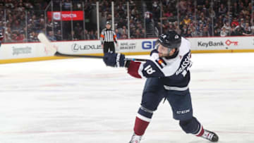 DENVER, CO - APRIL 04: Derick Brassard #18 of the Colorado Avalanche shoots against the Winnipeg Jets at the Pepsi Center on April 4, 2019 in Denver, Colorado. The Avalanche defeated the Jets 3-2 in overtime. (Photo by Michael Martin/NHLI via Getty Images)