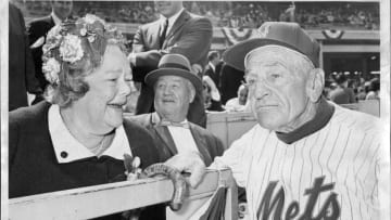 There were smiles as Mets owner Mrs. Joan Payson and Mets manager Casey Stengel met before the season opener at Shea Stadium. April 12, 1965. (Photo by William N. Jacobellis/New York Post Archives /(c) NYP Holdings, Inc. via Getty Images)