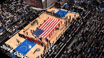 ORLANDO, FL - OCTOBER 26: The Orlando Magic and Miami Heat during a ceremony including a moment of silence for the victims of the Pulse Nightclub shooting victims before the home opener on October 26, 2016 at Amway Center in Orlando, Florida. NOTE TO USER: User expressly acknowledges and agrees that, by downloading and or using this photograph, User is consenting to the terms and conditions of the Getty Images License Agreement. Mandatory Copyright Notice: Copyright 2016 NBAE (Photo by Gary Bassing/NBAE via Getty Images)