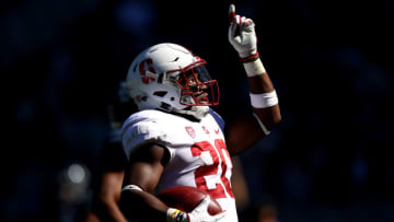 SYDNEY, AUSTRALIA - AUGUST 27: Bryce Love of Stanford celebrates a touchdown during the College Football Sydney Cup match between Stanford University (Stanford Cardinal) and Rice University (Rice Owls) at Allianz Stadium on August 27, 2017 in Sydney, Australia. (Photo by Cameron Spencer/Getty Images)