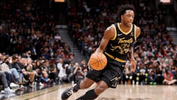 OG Anunoby #3 of the Toronto Raptors dribbles during the first half of their NBA game against the Detroit Pistons (Photo by Cole Burston/Getty Images)