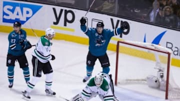 Jan 16, 2016; San Jose, CA, USA; San Jose Sharks center Tomas Hertl (48) celebrates behind Dallas Stars goalie Antti Niemi (31) after a San Jose goal during the third period at SAP Center at San Jose. San Jose defeated Dallas 4-3. Mandatory Credit: Kelley L Cox-USA TODAY Sports