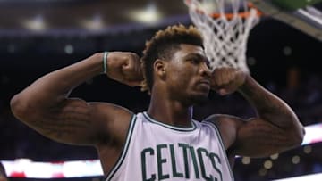Feb 10, 2016; Boston, MA, USA; Boston Celtics guard Marcus Smart (36) reacts after his basket and being fouled by the Los Angeles Clippers in the second half at TD Garden. Celtics defeated the Clippers in overtime 139-134. Mandatory Credit: David Butler II-USA TODAY Sports