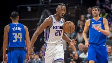 The Sacramento Kings' Harry Giles III (20) reacts to a foul call against a teammate during action against the Dallas Mavericks on Thursday, March 21, 2019, at the Golden 1 Center in Sacramento, Calif. (Hector Amezcua/Sacramento Bee/TNS via Getty Images)