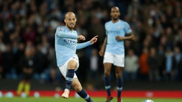 MANCHESTER, ENGLAND - SEPTEMBER 19: David Silva of Manchester City in action during the Group F match of the UEFA Champions League between Manchester City and Olympique Lyonnais at Etihad Stadium on September 19, 2018 in Manchester, United Kingdom. (Photo by Richard Heathcote/Getty Images)