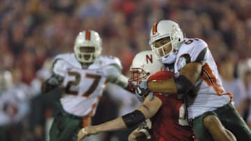3 Jan 2002: Kellen Winslow #81 of Miami tackles Josh Davis #25 of Nebraska during the Rose Bowl National Championship game at the Rose Bowl in Pasadena, California. Miami won the game 37-14, winning the BCS and the National Championship title. DIGITAL IMAGE. Mandatory Credit: Jeff Gross/Getty Images
