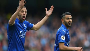 MANCHESTER, ENGLAND - MAY 13: Islam Slimani of Leicester City and Riyad Mahrez of Leicester City reacts to referee Bobby Madley (not pictured) disallowing the penalty goal during the Premier League match between Manchester City and Leicester City at Etihad Stadium on May 13, 2017 in Manchester, England. (Photo by Alex Livesey/Getty Images)