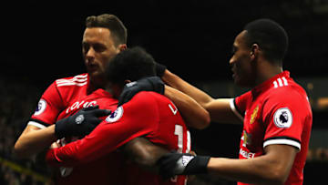 WATFORD, ENGLAND - NOVEMBER 28: Ashley Young of Manchester United celebrates scoring the first goal with Nemanja Matic, Jesse Lingard and Anthony Martial of Manchester United during the Premier League match between Watford and Manchester United at Vicarage Road on November 28, 2017 in Watford, England. (Photo by Richard Heathcote/Getty Images)