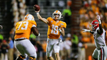 KNOXVILLE, TENNESSEE - OCTOBER 05: Brian Maurer #18 of the Tennessee Volunteers throws a pass against the Georgia Bulldogs during the second quarter at Neyland Stadium on October 05, 2019 in Knoxville, Tennessee. Maurer passed for 205 yards in the first half and threw for two touchdowns. (Photo by Silas Walker/Getty Images)