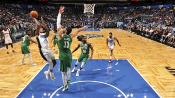 ORLANDO, FL - OCTOBER 11: Markelle Fultz #20 of the Orlando Magic shoots the ball against the Boston Celtics during a pre-season game on October 11, 2019 at Amway Center in Orlando, Florida. NOTE TO USER: User expressly acknowledges and agrees that, by downloading and or using this photograph, User is consenting to the terms and conditions of the Getty Images License Agreement. Mandatory Copyright Notice: Copyright 2019 NBAE (Photo by Fernando Medina/NBAE via Getty Images)
