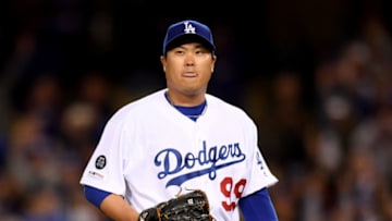 LOS ANGELES, CALIFORNIA - MAY 07: Hyun-Jin Ryu #99 of the Los Angeles Dodgers reacts after his complete game shutout of the Atlanta Braves for a 9-0 win at Dodger Stadium on May 07, 2019 in Los Angeles, California. (Photo by Harry How/Getty Images)