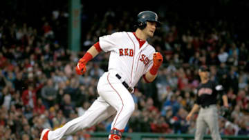 BOSTON, MA - MAY 29: Andrew Benintendi #16 of the Boston Red Sox knocks in a run on a double against the Cleveland Indians scores a run in the second inning against the Boston Red Sox at Fenway Park on May 29, 2019 in Boston, Massachusetts. (Photo by Jim Rogash/Getty Images)