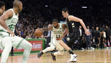 BOSTON, MA - NOVEMBER 1: Kyrie Irving #11 of the Boston Celtics handles the ball against the Milwaukee Bucks on November 1, 2018 at the TD Garden in Boston, Massachusetts. NOTE TO USER: User expressly acknowledges and agrees that, by downloading and/or using this photograph, user is consenting to the terms and conditions of the Getty Images License Agreement. Mandatory Copyright Notice: Copyright 2018 NBAE (Photo by Brian Babineau/NBAE via Getty Images)