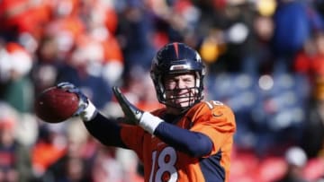 Jan 17, 2016; Denver, CO, USA; Denver Broncos quarterback Peyton Manning (18) warms up before a AFC Divisional round playoff game at Sports Authority Field at Mile High. Mandatory Credit: Isaiah J. Downing-USA TODAY Sports