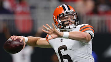 ATLANTA, GEORGIA - AUGUST 29: Baker Mayfield #6 of the Cleveland Browns looks to pass against the Atlanta Falcons during the first half at Mercedes-Benz Stadium on August 29, 2021 in Atlanta, Georgia. (Photo by Kevin C. Cox/Getty Images)