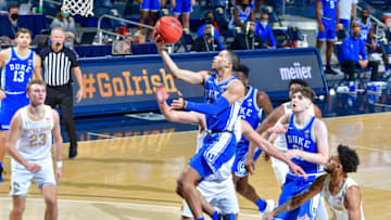 Dec 16, 2020; South Bend, Indiana, USA; Duke Blue Devils guard Jordan Goldwire (14) shoots against the Notre Dame Fighting Irish in the first half at the Purcell Pavilion. Mandatory Credit: Matt Cashore-USA TODAY Sports