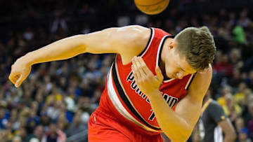 Dec 17, 2016; Oakland, CA, USA; Golden State Warriors guard Klay Thompson (11) after a flagrant foul by the Golden State Warriors during the third quarter at Oracle Arena. The Golden State Warriors defeated the Portland Trail Blazers 135-90. Mandatory Credit: Kelley L Cox-USA TODAY Sports