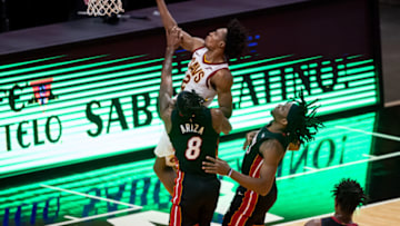 Cleveland Cavaliers guard Collin Sexton (2) attempts a layup over Miami Heat forward Trevor Ariza (8)(Mary Holt-USA TODAY Sports)