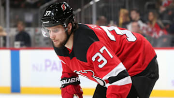 Pavel Zacha #37 of the New Jersey Devils looks on during the first period against Vancouver Canucks on November 24, 2017 at the Prudential Center in Newark, New Jersey. (Photo by Christopher Pasatieri/Getty Images)