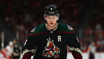 Nov 20, 2021; Glendale, Arizona, USA; Arizona Coyotes defenseman Jakob Chychrun (6) against the Detroit Red Wings at Gila River Arena. Mandatory Credit: Mark J. Rebilas-USA TODAY Sports