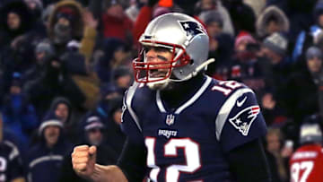FOXBOROUGH, MA - JANUARY 13: Tom Brady #12 of the New England Patriots reacts after a touchdown in the third quarter of the AFC Divisional Playoff game against the Tennessee Titans at Gillette Stadium on January 13, 2018 in Foxborough, Massachusetts. (Photo by Jim Rogash/Getty Images)