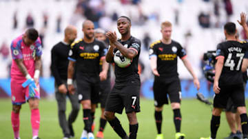 LONDON, ENGLAND - AUGUST 10: Raheem Sterling of Manchester City holds the match ball as he applauds fans after the Premier League match between West Ham United and Manchester City at London Stadium on August 10, 2019 in London, United Kingdom. (Photo by Laurence Griffiths/Getty Images)