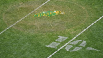 MINNEAPOLIS, MINNESOTA - AUGUST 31: The North Dakota State Bison logo appears on the field where the pitchers mound has been removed and replaced with turf for a game between the North Dakota State Bison and the Butler Bulldogs at Target Field on August 31, 2019 in Minneapolis, Minnesota. (Photo by Sam Wasson/Getty Images)