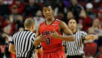 Dec 10, 2014; Lincoln, NE, USA; Incarnate Word Cardinals guard Shawn Johnson (0) gestures during the game against the Nebraska Cornhuskers in the second half at Pinnacle Bank Arena. Incarnate Word won 74-73. Mandatory Credit: Bruce Thorson-USA TODAY Sports
