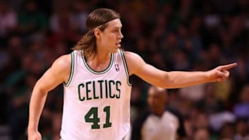 Nov 1, 2013; Boston, MA, USA; Boston Celtics power forward Kelly Olynyk (41) celebrates after making a basket against the Milwaukee Bucks during the first half at TD Garden. Mandatory Credit: Mark L. Baer-USA TODAY Sports