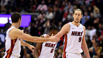 WASHINGTON, DC - MARCH 23: Kelly Olynyk #9 of the Miami Heat celebrates with Goran Dragic #7 of the Miami Heat after a play against the Washington Wizards during the second half at Capital One Arena on March 23, 2019 in Washington, DC. NOTE TO USER: User expressly acknowledges and agrees that, by downloading and or using this photograph, User is consenting to the terms and conditions of the Getty Images License Agreement. (Photo by Will Newton/Getty Images)