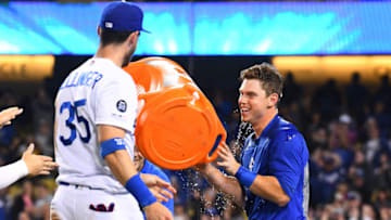 LOS ANGELES, CA - JUNE 01: Los Angeles Dodgers right fielder Cody Bellinger (35) pours Gatorade on Los Angeles Dodgers catcher Will Smith (16) after his walk off home run during a MLB game between the Philadelphia Phillies and the Los Angeles Dodgers on June 1, 2019 at Dodger Stadium in Los Angeles, CA. (Photo by Brian Rothmuller/Icon Sportswire via Getty Images)