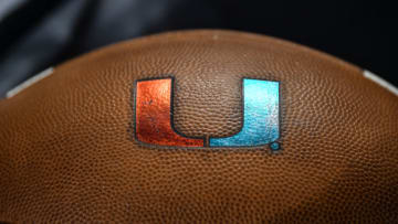 MIAMI, FL - SEPTEMBER 27: A detailed view of the game ball used by Miami Hurricanes before the game against the North Carolina Tar Heels at Hard Rock Stadium on September 27, 2018 in Miami, Florida. (Photo by Mark Brown/Getty Images)