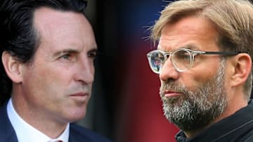 FILE PHOTO (EDITORS NOTE: COMPOSITE OF IMAGES - Image numbers 1046987928,940547396 - GRADIENT ADDED) In this composite image a comparison has been made between Unai Emery, Manager of Arsenal (L) and Jurgen Klopp, Manager of Liverpool. Arsenal FC and Liverpool FC meet in a Premier League match on November 3, 2018 at the Emirates Stadium in London. ***LEFT IMAGE*** LONDON, ENGLAND - OCTOBER 07: Unai Emery, Manager of Arsenal looks out the tunnel ahead of the Premier League match between Fulham FC and Arsenal FC at Craven Cottage on October 7, 2018 in London, United Kingdom. (Photo by Catherine Ivill/Getty Images) ***RIGHT IMAGE*** LONDON, ENGLAND - MARCH 31: Jurgen Klopp, Manager of Liverpool looks on as his team warm up prior to the Premier League match between Crystal Palace and Liverpool at Selhurst Park on March 31, 2018 in London, England. (Photo by Catherine Ivill/Getty Images)