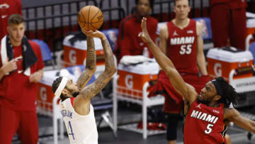 Brandon Ingram #14 of the New Orleans Pelicans shoots over Precious Achiuwa #5 of the Miami Heat(Photo by Michael Reaves/Getty Images)