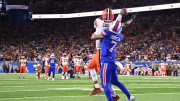 Nov 20, 2022; Detroit, Michigan, USA; Cleveland Browns wide receiver Amari Cooper (2) catches a touchdown pass as Buffalo Bills cornerback Taron Johnson (7) defends during the first quarter at Ford Field. Mandatory Credit: Tim Fuller-USA TODAY Sports
