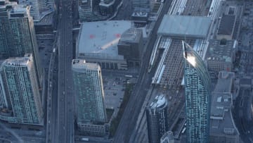 TORONTO, CANADA - MAY 3: An aerial view of the Air Canada Centre the home of the Toronto Maple Leafs and Toronto Raptors on May 3, 2017 in Toronto, Ontario, Canada. (Photo by Tom Szczerbowski/Getty Images) *** Local Caption ***