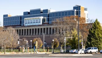 Nov 28, 2020; Champaign, Illinois, USA; The exterior of Memorial Stadium is seen. Due to COVID-19 concerns a game between the Illinois Fighting Illini and Ohio State Buckeyes has been cancelled. Mandatory Credit: Patrick Gorski-USA TODAY Sports