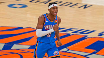 OKC Thunder's Shai Gilgeous-Alexander reacts after sinking a basket against the New York Knicks. Mandatory Credit: Seth Wenig/POOL PHOTOS-USA TODAY Sports