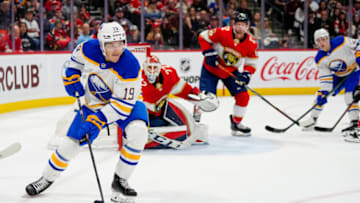 Feb 24, 2023; Sunrise, Florida, USA; Buffalo Sabres center Peyton Krebs (19) controls the puck against the Florida Panthers during the third period at FLA Live Arena. Mandatory Credit: Rich Storry-USA TODAY Sports