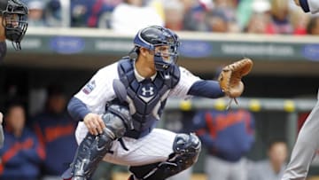 MINNEAPOLIS, MN - MAY 5: Wilson Ramos #44 of the Minnesota Twins catches as the Detroit Tigers bat on May 5, 2010 at Target Field in Minneapolis, Minnesota. The Twins won 5-4. (Photo by Bruce Kluckhohn/Getty Images)