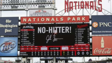 Sep 28, 2014; Washington, DC, USA; General view of the scoreboard after the game between the Washington Nationals and the Miami Marlins at Nationals Park. The Nationals won 1-0 and Washington Nationals starting pitcher Jordan Zimmermann (27) threw a no-hitter. Mandatory Credit: Brad Mills-USA TODAY Sports