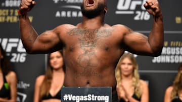 LAS VEGAS, NV - OCTOBER 06: Derrick Lewis poses on the scale during the UFC 216 weigh-in inside T-Mobile Arena on October 6, 2017 in Las Vegas, Nevada. (Photo by Jeff Bottari/Zuffa LLC/Zuffa LLC via Getty Images)